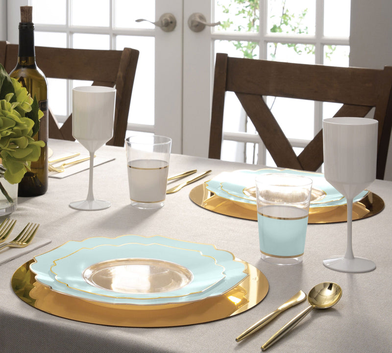 Round Teal Green and Gold Plastic Dinner and Salad Plates - Luxe