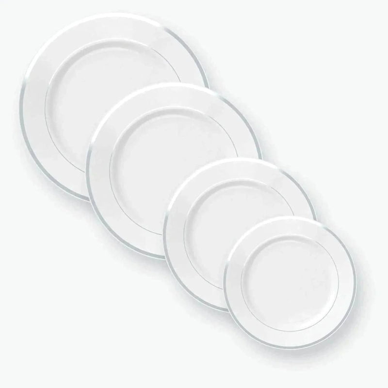 Classic Round Plastic Plates Classic Round White • Silver Plastic Dinner Plates | 10 Plates