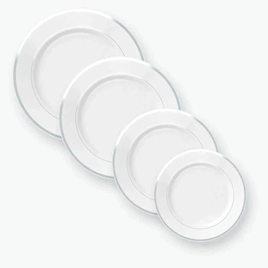 Classic Round Plastic Plates Classic Round White • Silver Plastic Dinner Plates | 10 Plates