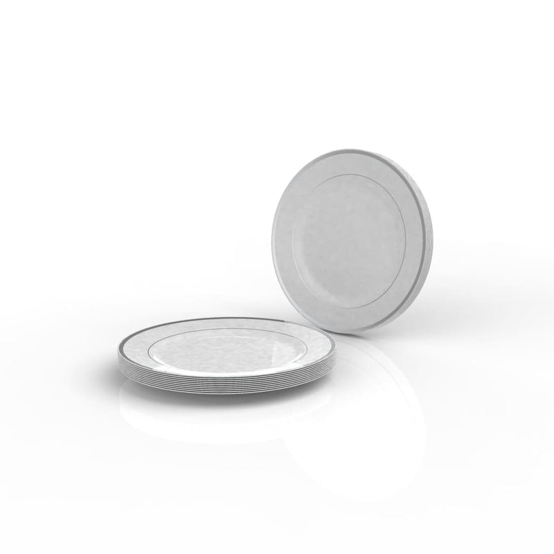 Classic Round Plastic Plates Classic Round White • Silver Plastic Dinner Plates | 10 Plates