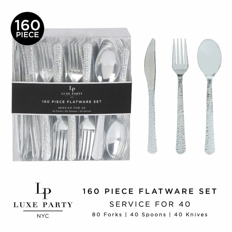 Luxe Party Cutlery Sets Silver Hammered Plastic Cutlery Combo Set | 160 Pieces