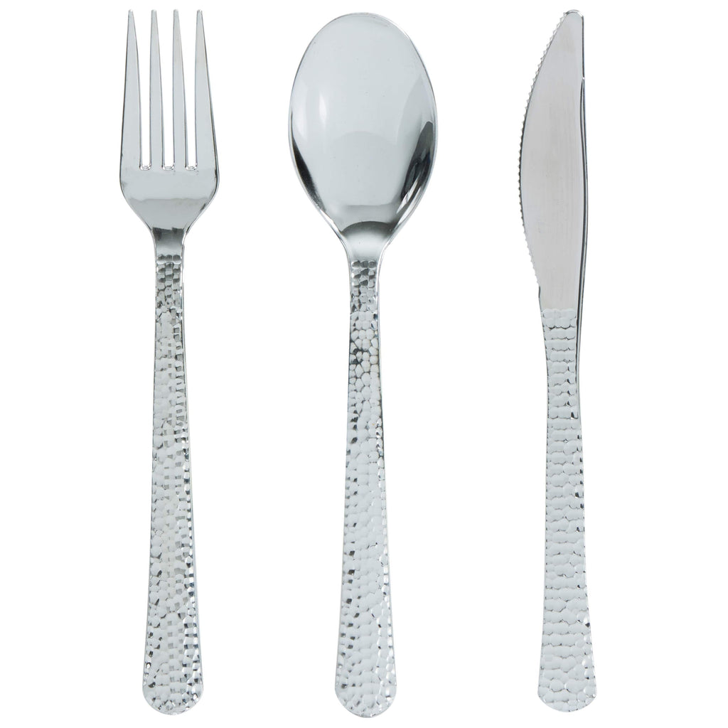 Luxe Party Cutlery Sets Silver Hammered Plastic Cutlery Combo Set | 96 Pieces