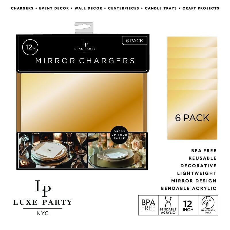 Luxe Party Mirror Chargers 12" Gold Square Light Weight Mirror Charger Plate | 6 Chargers