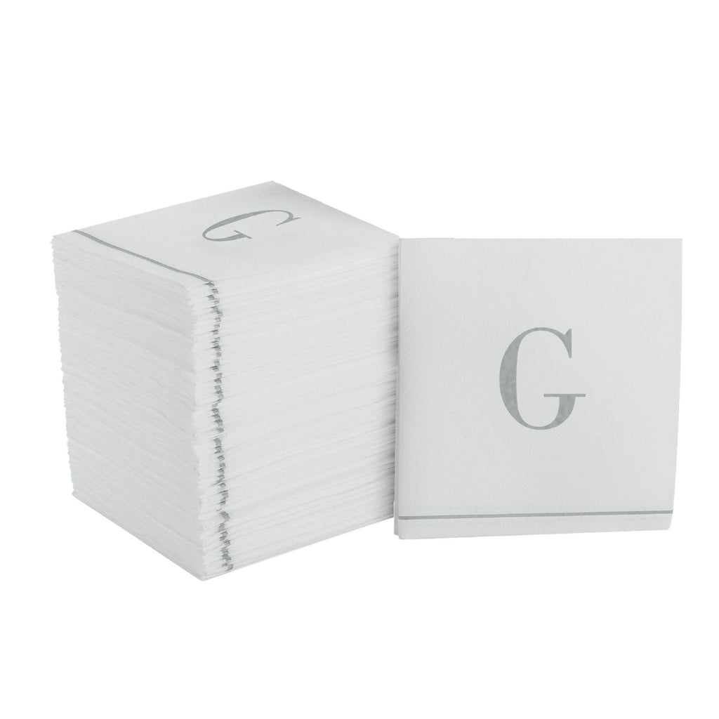 Luxe Party Napkins 16 Cocktail Napkins - 5" x 5" Letter G Silver Monogram Cocktail Paper Disposable Napkins | 16 Napkins