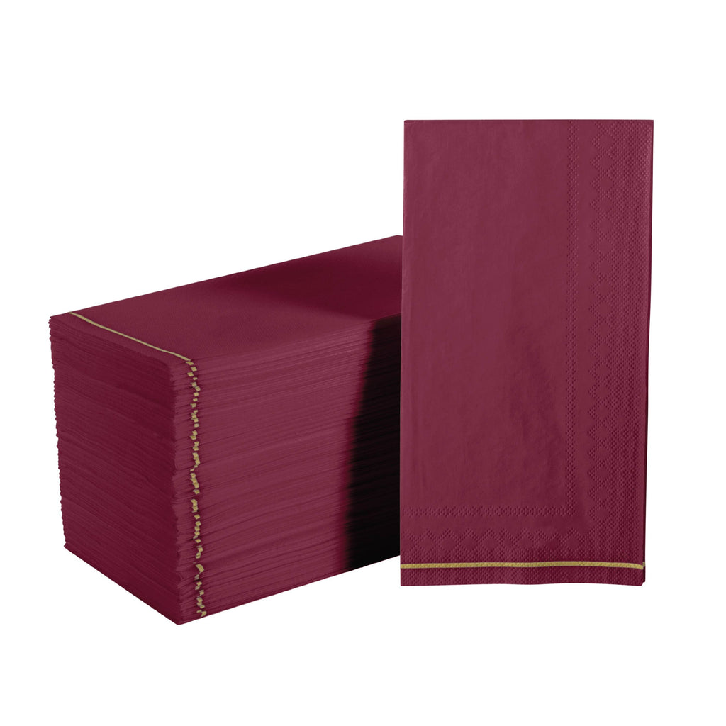 Luxe Party Napkins 16 Dinner Napkins - 4.25" x 7.75" Cranberry with Gold Stripe Guest Paper Napkins | 16 Napkins