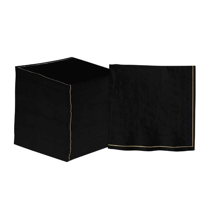 Luxe Party Napkins 20 Beverage Napkins - 5" x 5" Black with Gold Stripe Paper Cocktail Napkins | 20 Napkins