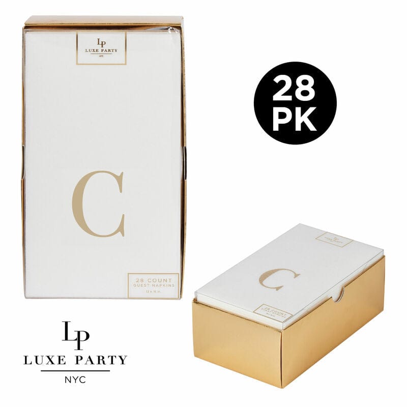 Luxe Party Napkins 28 Guest Napkins - 4.25" x 7.75" Letter C Gold Foil Monogram Paper Dinner Napkins with Gift Box | 28 Napkins