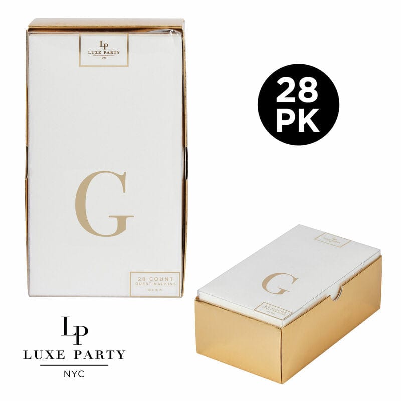 Luxe Party Napkins 28 Guest Napkins - 4.25" x 7.75" Letter G Gold Foil Monogram Paper Dinner Napkins with Gift Box | 28 Napkins