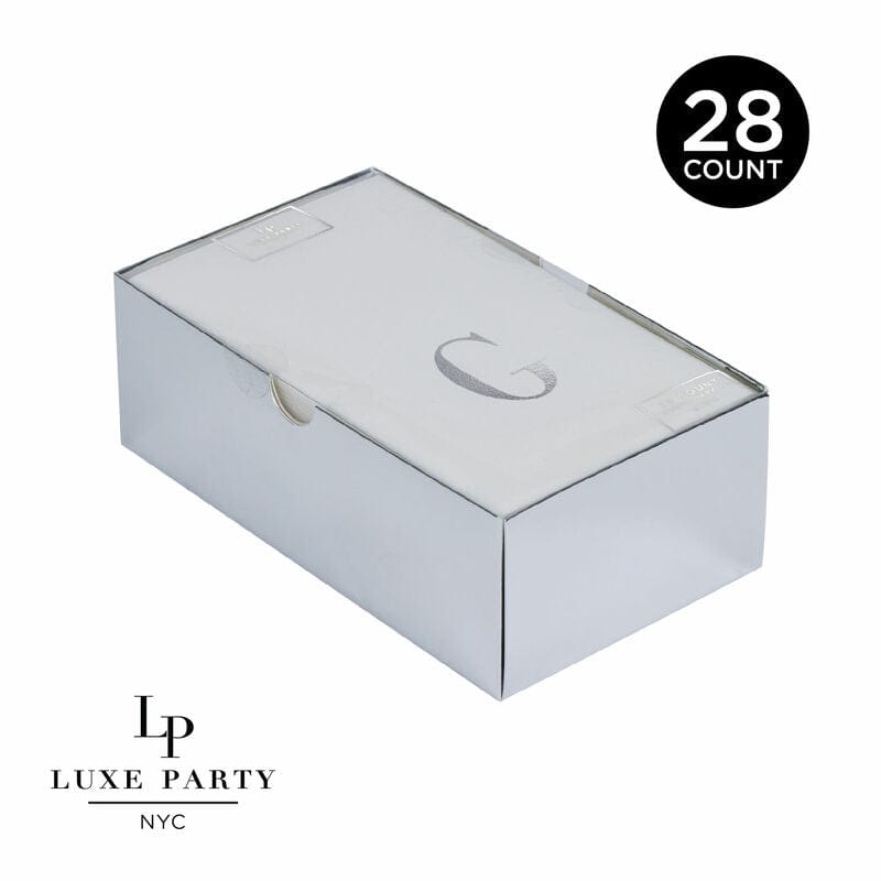 Luxe Party Napkins 28 Guest Napkins - 4.25" x 7.75" Letter G Silver Foil Monogram Paper Dinner Napkins with Gift Box | 28 Napkins