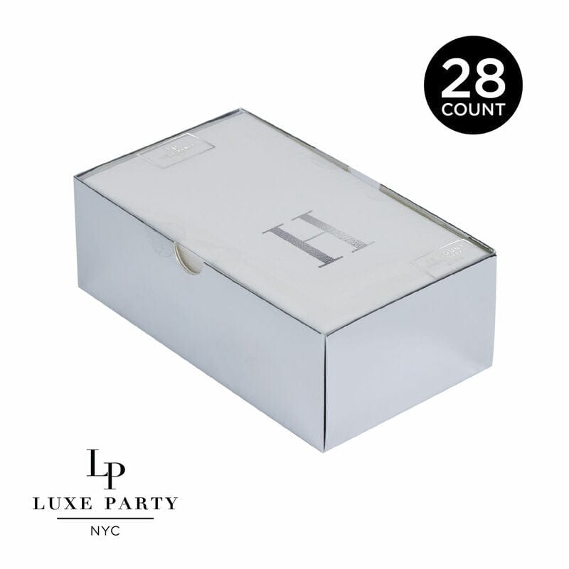 Luxe Party Napkins 28 Guest Napkins - 4.25" x 7.75" Letter H Silver Foil Monogram Paper Dinner Napkins with Gift Box | 28 Napkins