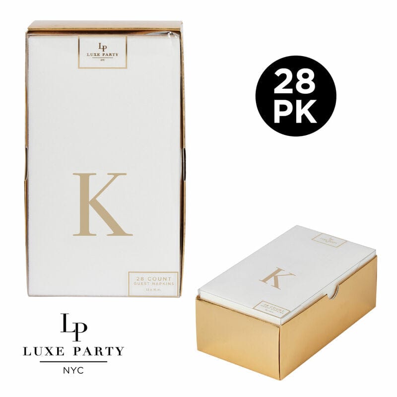 Luxe Party Napkins 28 Guest Napkins - 4.25" x 7.75" Letter K Gold Foil Monogram Paper Dinner Napkins with Gift Box | 28 Napkins