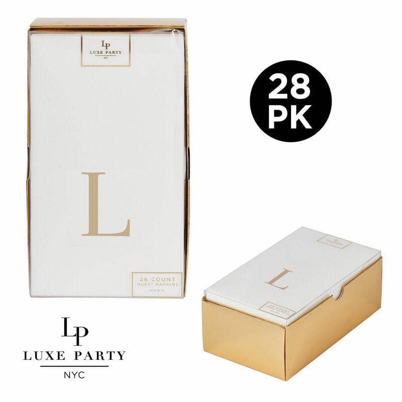 Luxe Party Napkins 28 Guest Napkins - 4.25" x 7.75" Letter L Gold Foil Monogram Paper Dinner Napkins with Gift Box | 28 Napkins