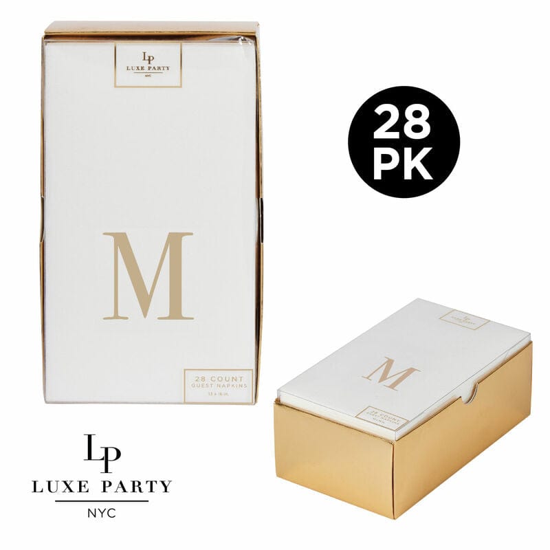 Luxe Party Napkins 28 Guest Napkins - 4.25" x 7.75" Letter M Gold Foil Monogram Paper Dinner Napkins with Gift Box | 28 Napkins