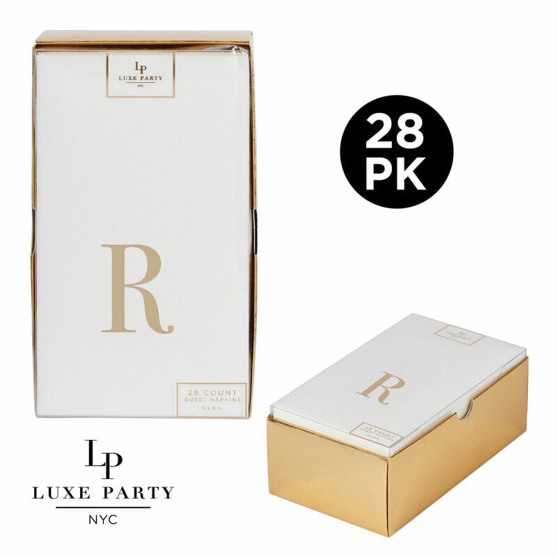 Luxe Party Napkins 28 Guest Napkins - 4.25" x 7.75" Letter R Gold Foil Monogram Paper Dinner Napkins with Gift Box | 28 Napkins