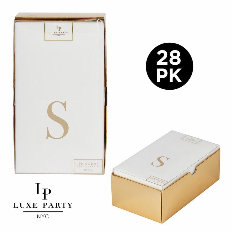 Luxe Party Napkins 28 Guest Napkins - 4.25" x 7.75" Letter S Gold Foil Monogram Paper Dinner Napkins with Gift Box | 28 Napkins