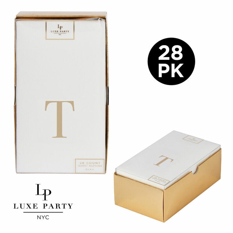 Luxe Party Napkins 28 Guest Napkins - 4.25" x 7.75" Letter T Gold Foil Monogram Paper Dinner Napkins with Gift Box | 28 Napkins