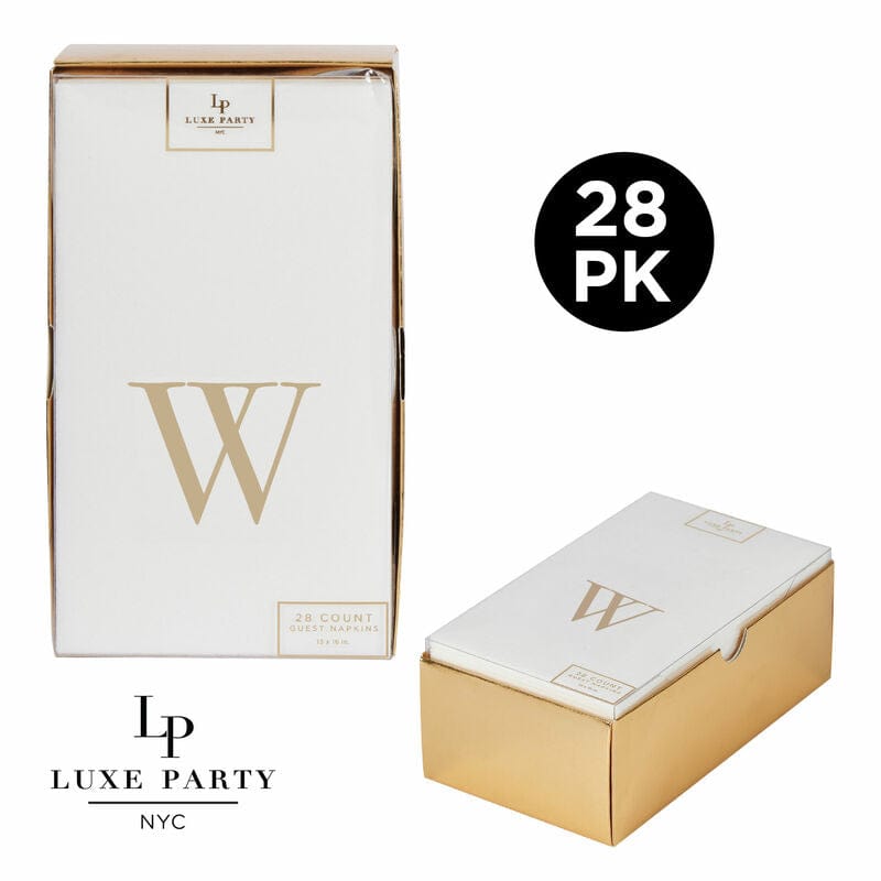 Luxe Party Napkins 28 Guest Napkins - 4.25" x 7.75" Letter W Gold Foil Monogram Paper Dinner Napkins with Gift Box | 28 Napkins