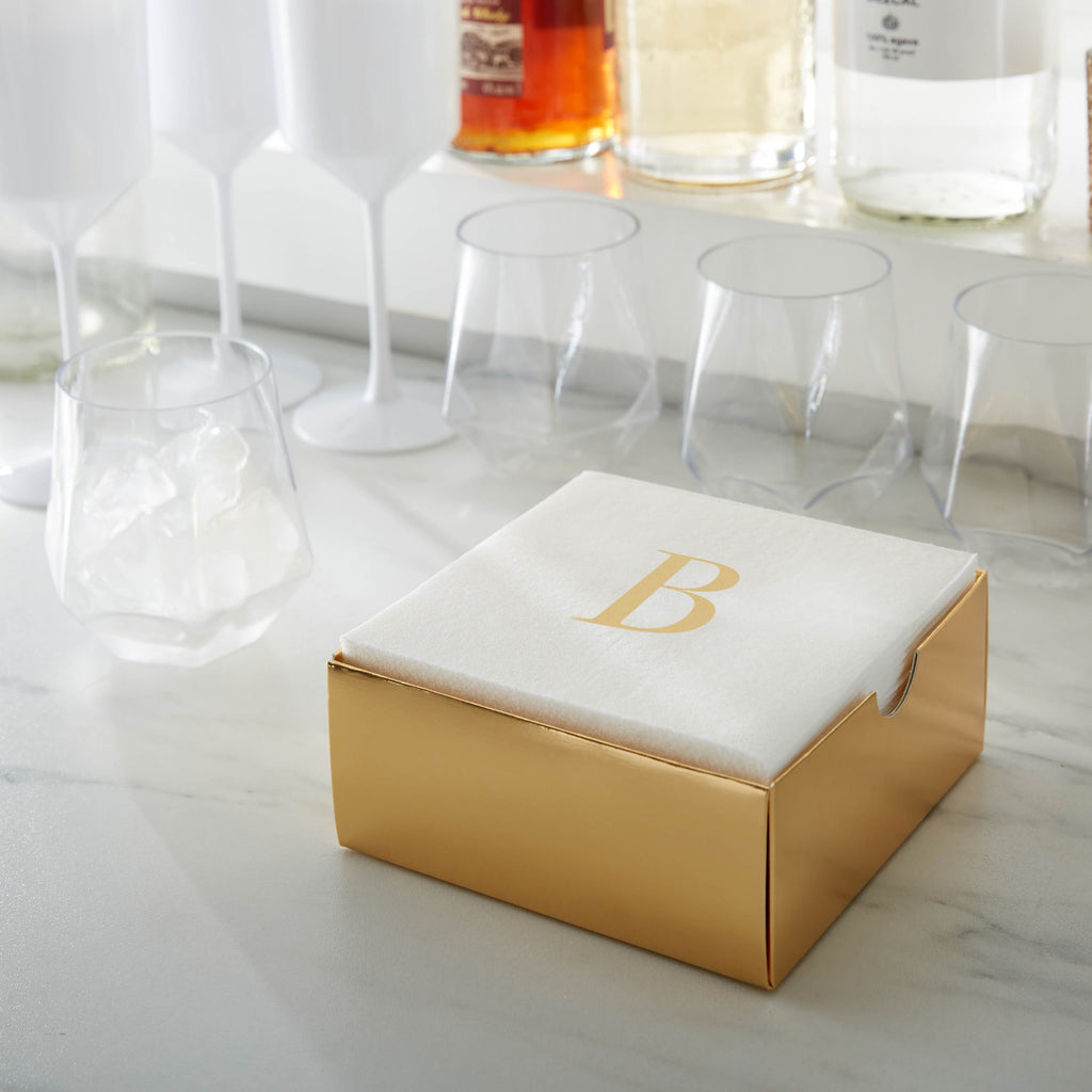 Luxe Party Napkins 28 Guest Napkins - 4.25" x 7.75" Letter B Gold Foil Monogram Paper Dinner Napkins with Gift Box | 28 Napkins