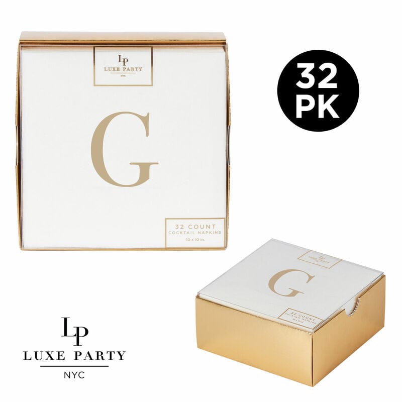 Luxe Party Napkins 32 Guest Napkins - 5" x 5" Letter G Gold Foil Monogram Paper Cocktail Napkins with Gift Box | 32 Napkins