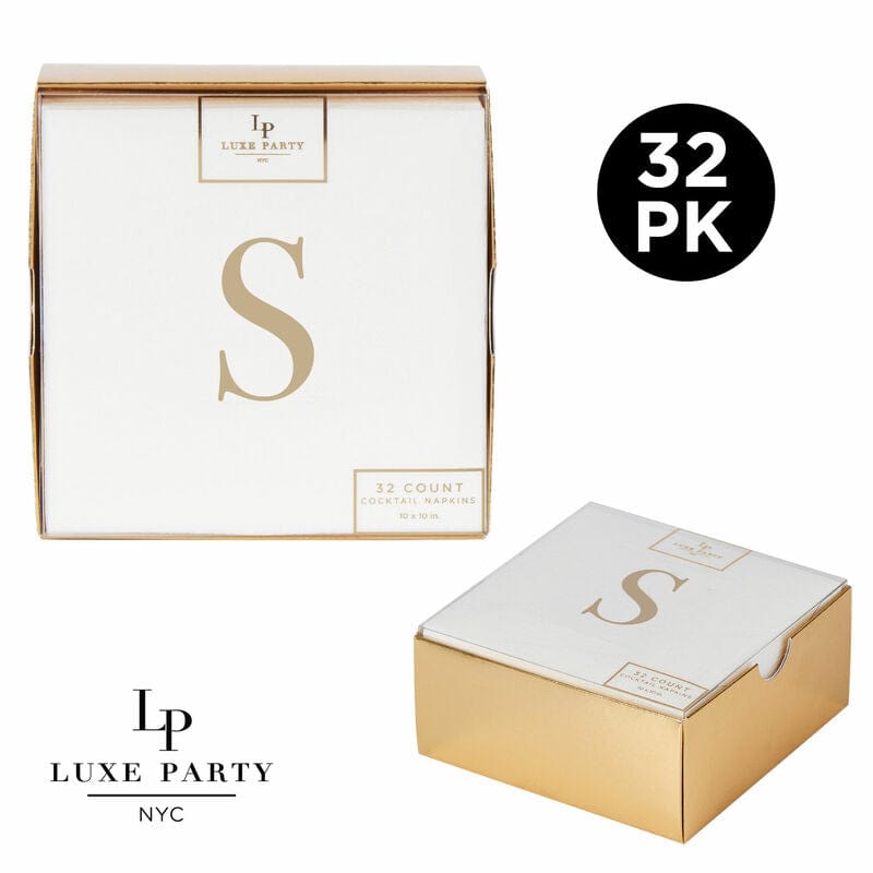 Luxe Party Napkins 32 Guest Napkins - 5" x 5" Letter S Gold Foil Monogram Paper Cocktail Napkins with Gift Box | 32 Napkins