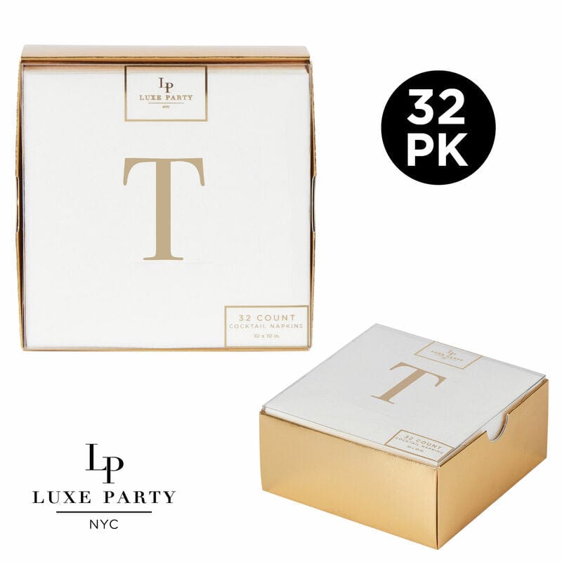 Luxe Party Napkins 32 Guest Napkins - 5" x 5" Letter T Gold Foil Monogram Paper Cocktail Napkins with Gift Box | 32 Napkins