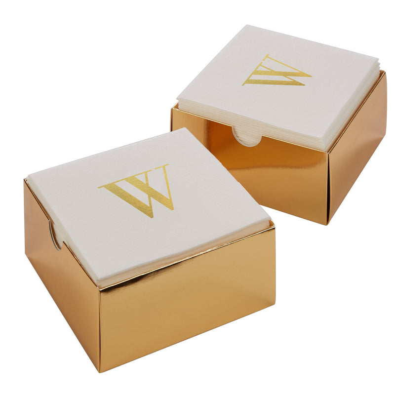 Luxe Party Napkins 32 Guest Napkins - 5" x 5" Letter W Gold Foil Monogram Paper Cocktail Napkins with Gift Box | 32 Napkins