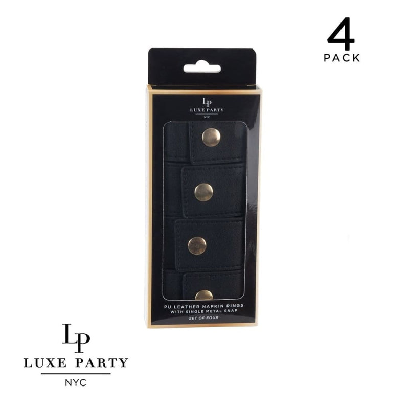 Luxe Party NYC Napkin Rings 7.5" Black Band and Gold Snap Faux Leather Napkin Rings  | 4 Napkin Rings