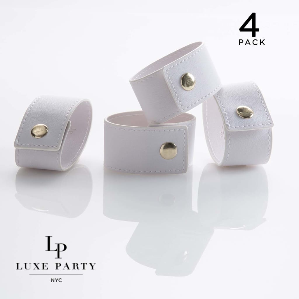 Luxe Party NYC Napkin Rings 7.5" White Band and Gold Snap Faux Leather Napkin Rings  | 4 Napkin Rings