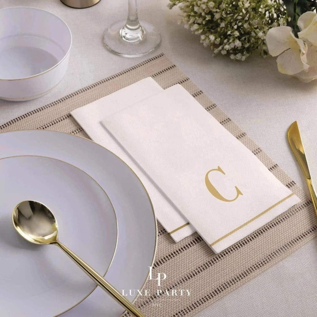 Luxe Party Napkins 14 Guest Napkins - 4.25" x 7.75" Letter C Gold Monogram Paper Disposable Dinner Napkins | 14 Napkins