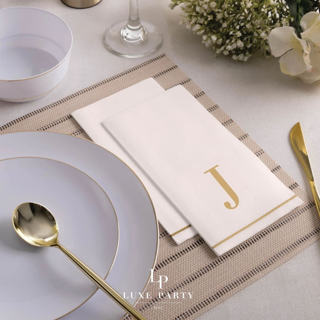 Luxe Party Napkins 14 Guest Napkins - 4.25" x 7.75" Letter J Gold Monogram Paper Disposable Dinner  Napkins | 14 Napkins