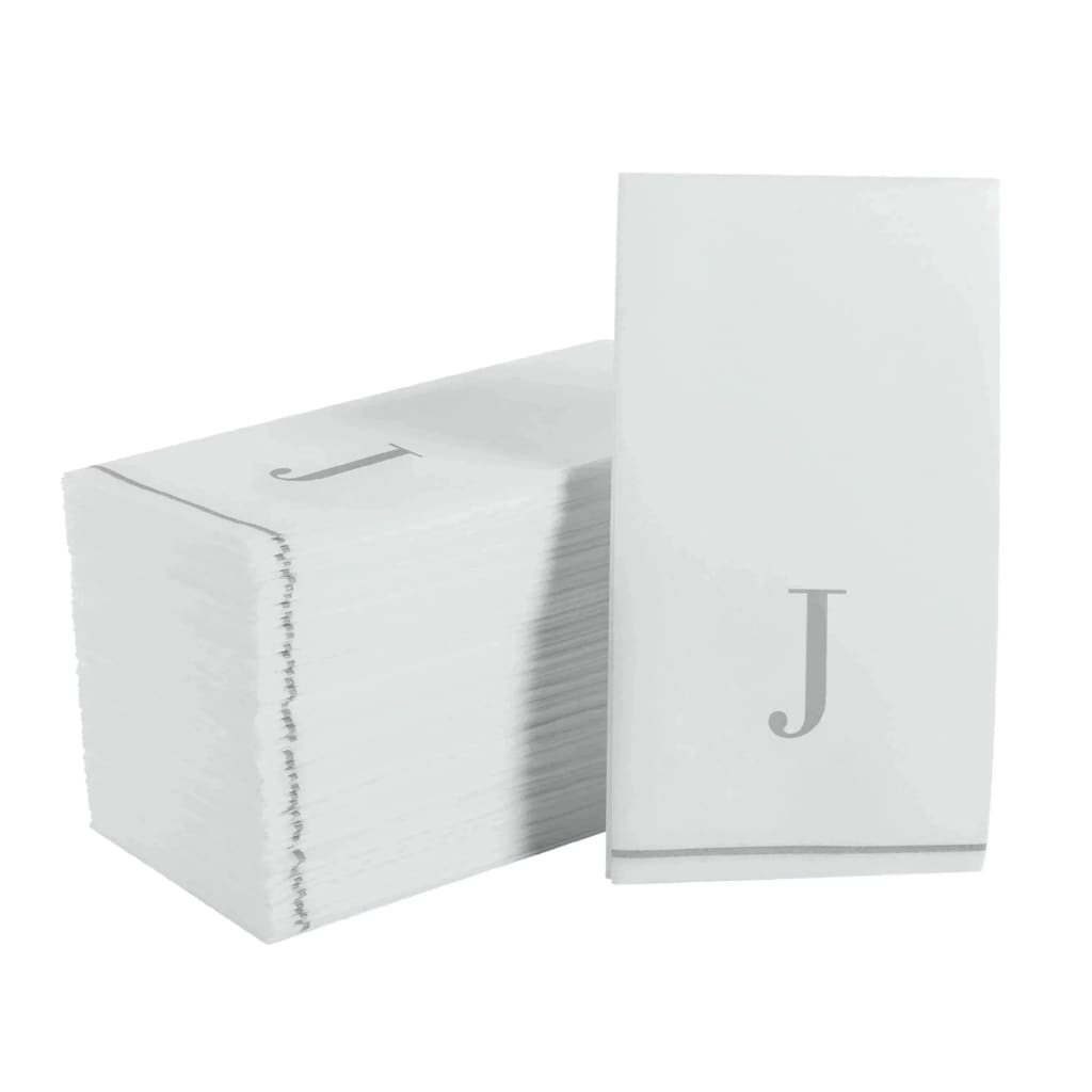 Luxe Party NYC Napkins 14 Guest Napkins - 4.25" x 7.75" Letter J Silver Monogram Paper Disposable Dinner Napkins | 14 Napkins