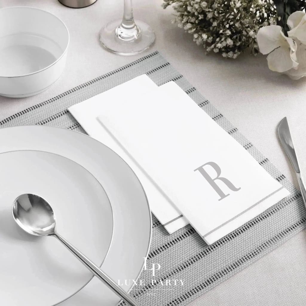 Luxe Party NYC Napkins 14 Guest Napkins - 4.25" x 7.75" Letter R Silver Monogram Paper Disposable Dinner Napkins | 14 Napkins