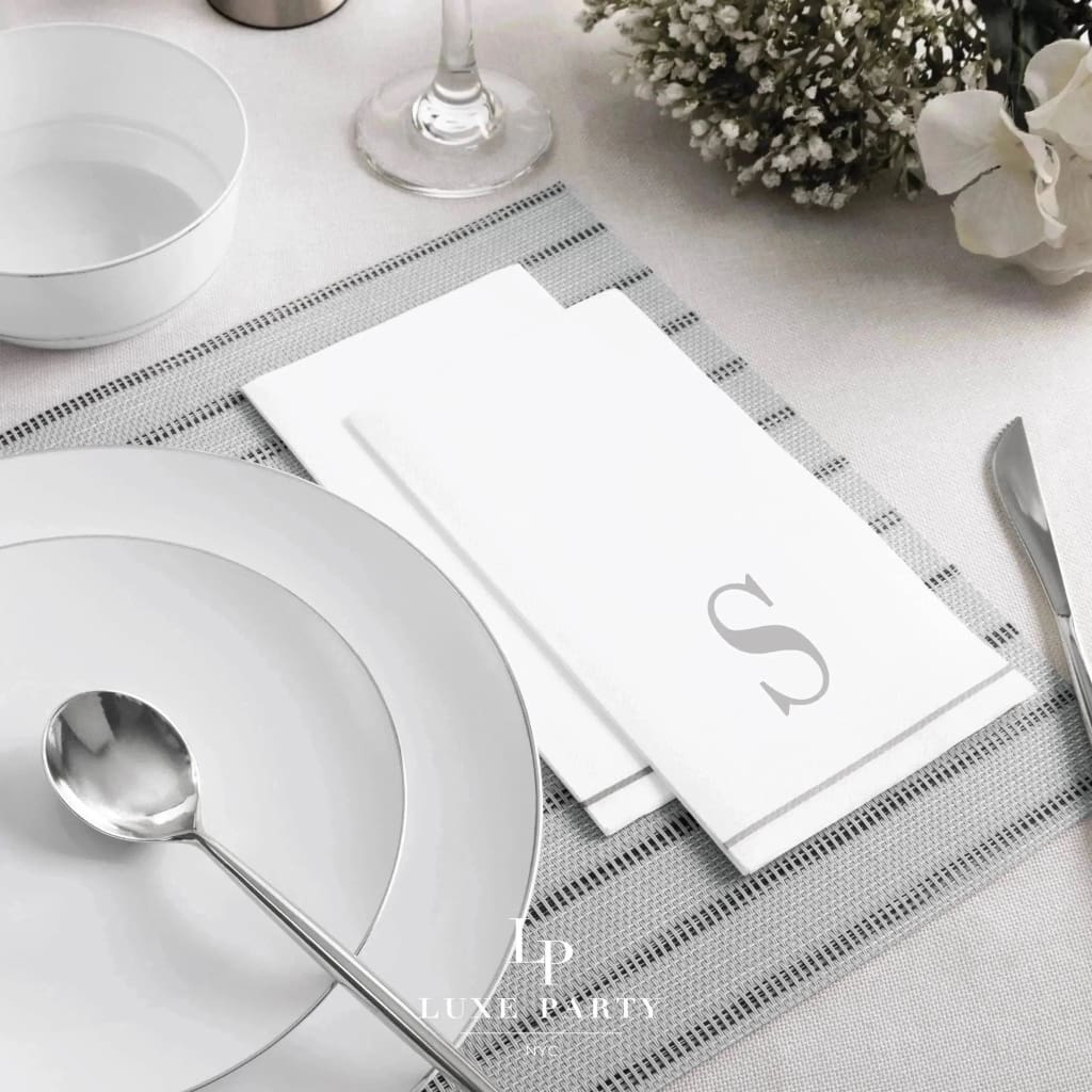 Luxe Party NYC Napkins 14 Guest Napkins - 4.25" x 7.75" Letter S Silver Monogram Paper Disposable Dinner Napkins | 14 Napkins