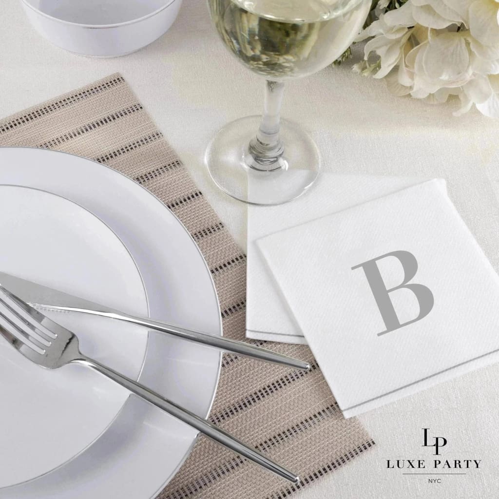 Luxe Party Napkins 16 Cocktail Napkins - 5" x 5" Letter B Silver Monogram Paper Disposable Cocktail Napkins | 16 Napkins