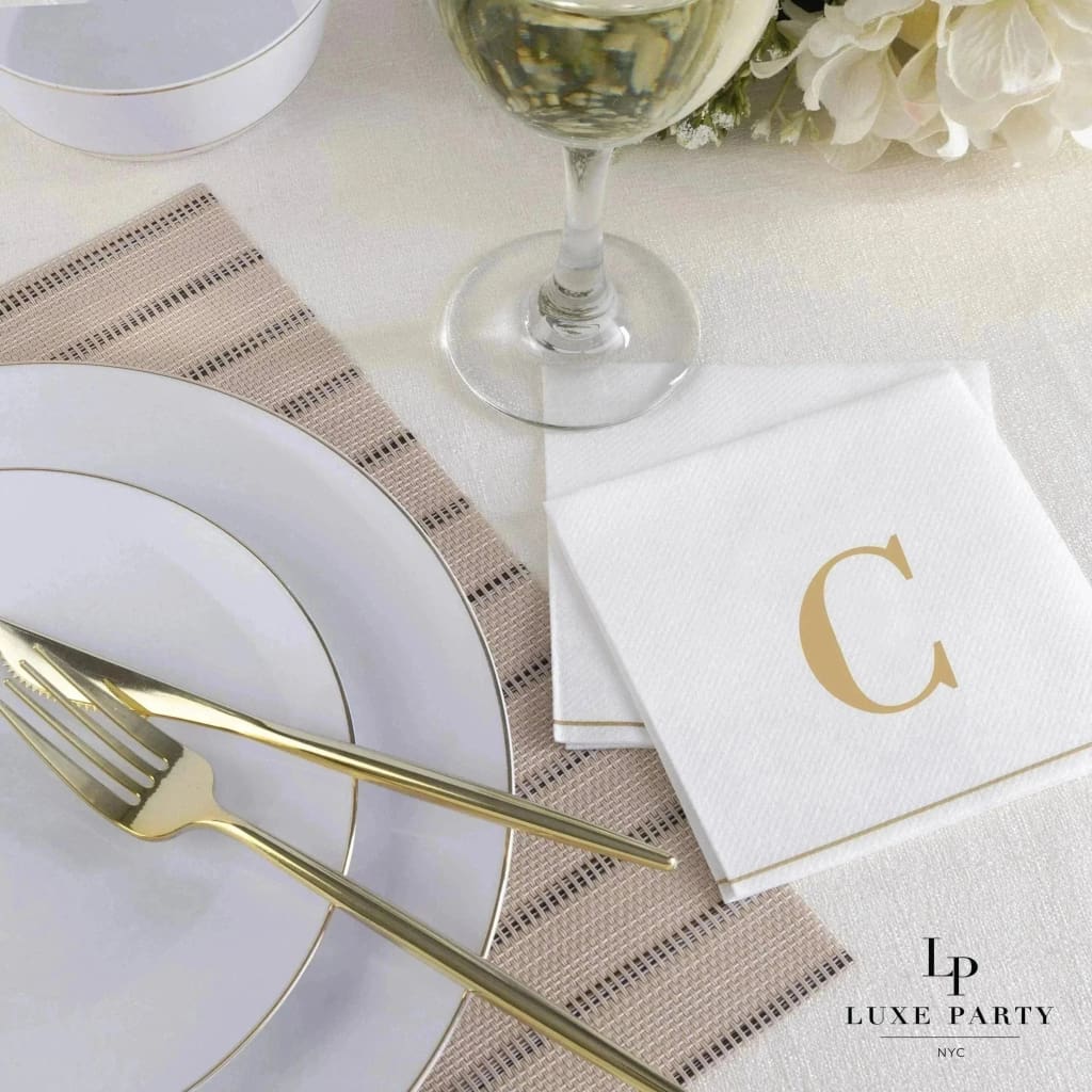 Luxe Party Napkins 16 Cocktail Napkins - 5" x 5" Letter C Gold Monogram Cocktail Paper Disposable Napkins | 16 Napkins
