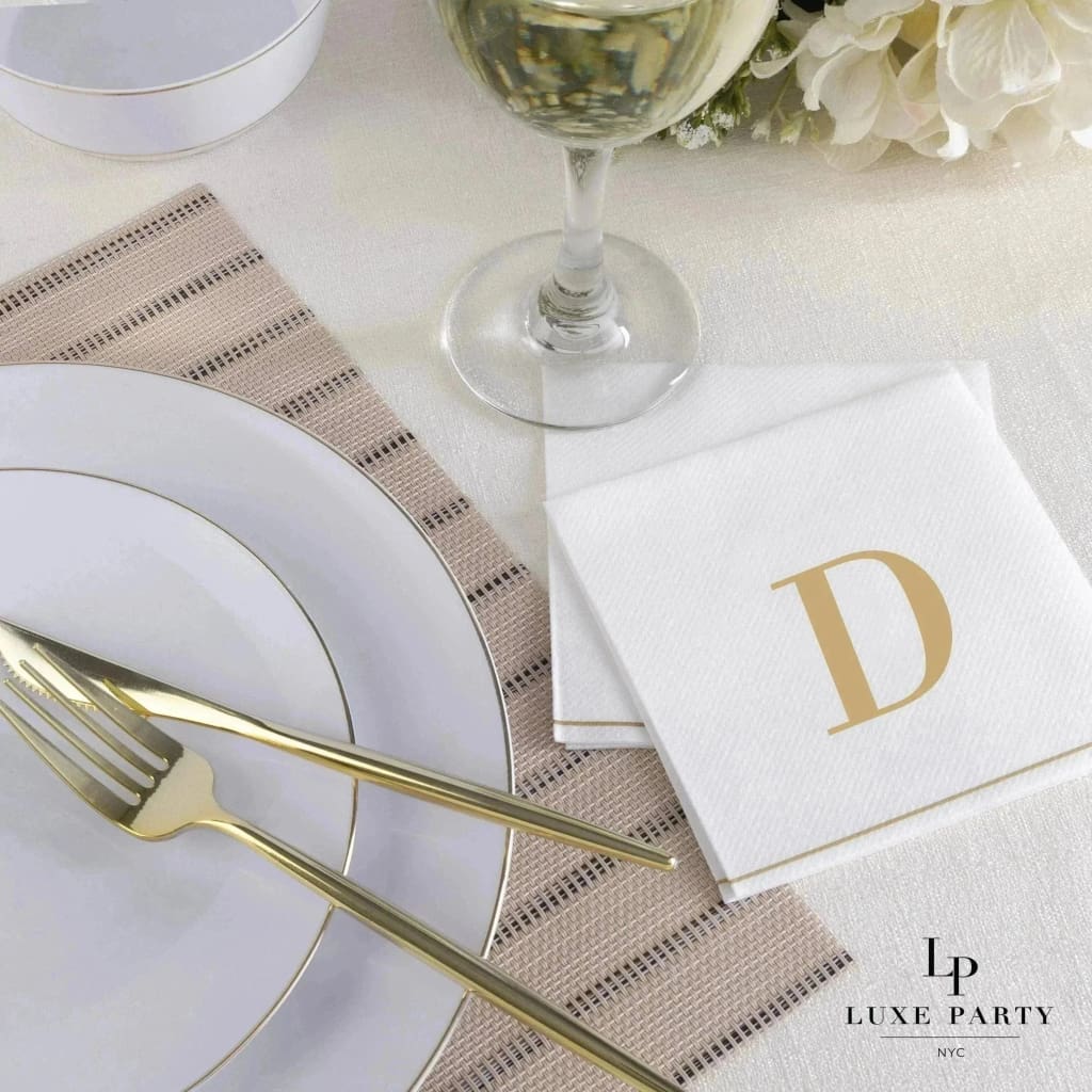 Luxe Party Napkins 16 Cocktail Napkins - 5" x 5" Letter D Gold Monogram Cocktail Paper Disposable Napkins | 16 Napkins