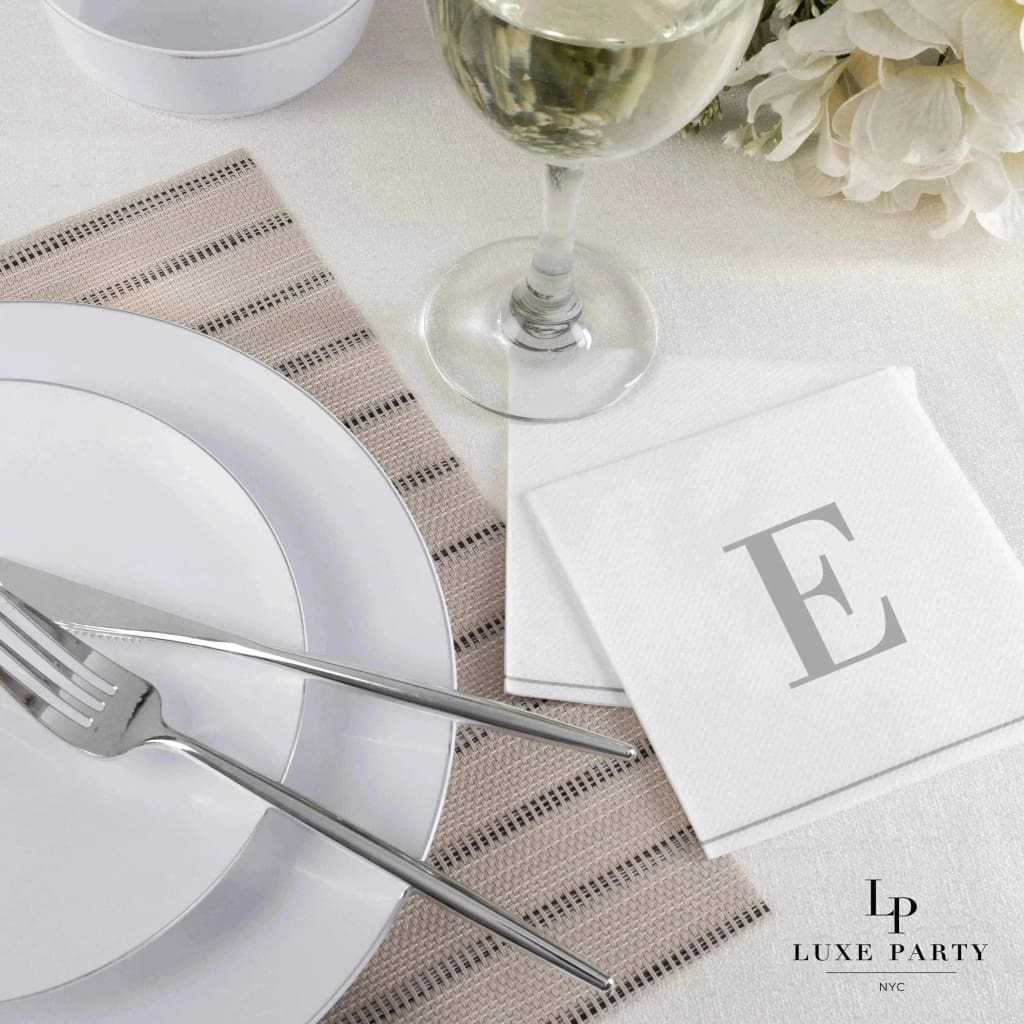 Luxe Party Napkins 16 Cocktail Napkins - 5" x 5" Letter E Silver Monogram Cocktail Paper Disposable Napkins | 16 Napkins