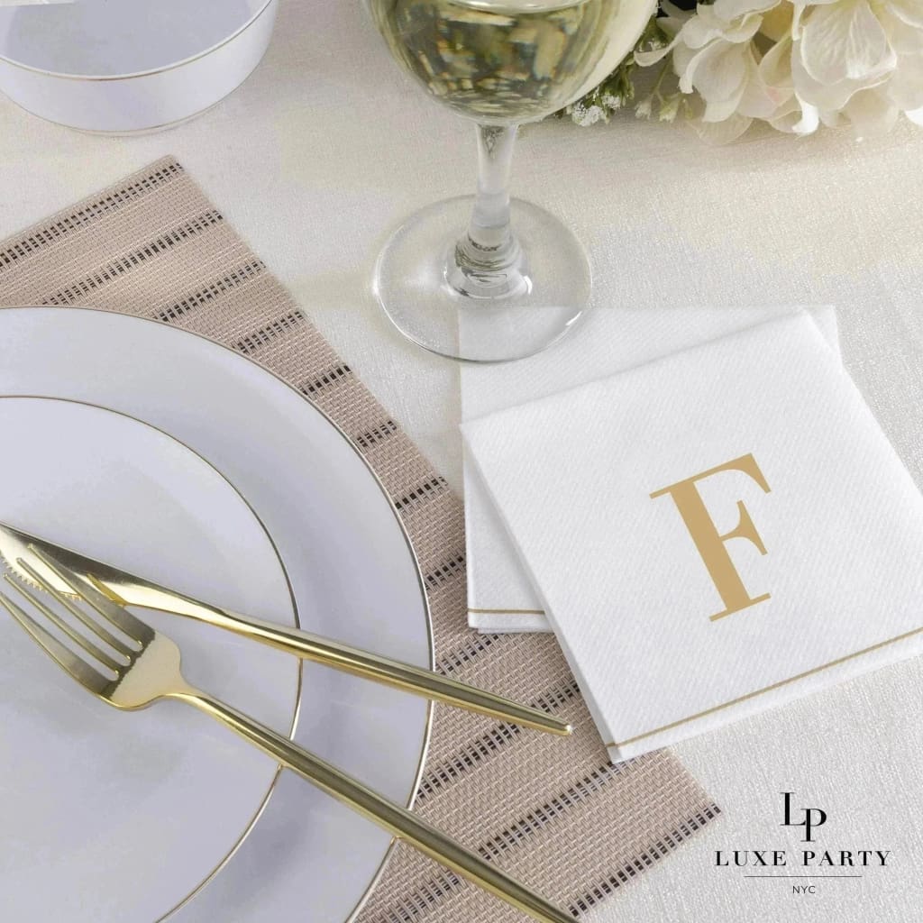 Luxe Party Napkins 16 Cocktail Napkins - 5" x 5" Letter F Gold Monogram Cocktail Paper Disposable Napkins | 16 Napkins