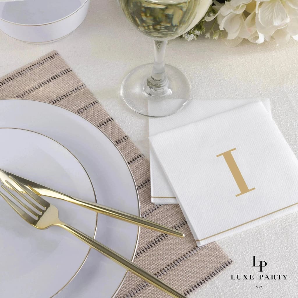 Luxe Party Napkins 16 Cocktail Napkins - 5" x 5" Letter I Gold Monogram Cocktail Paper Disposable Napkins | 16 Napkins