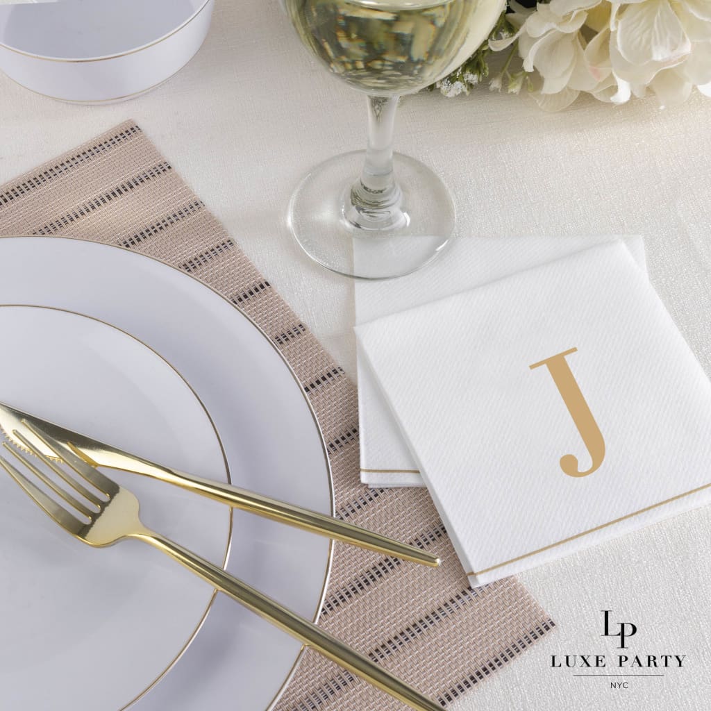 Luxe Party Napkins 16 Cocktail Napkins - 5" x 5" Letter J Gold Monogram Paper Disposable Cocktail Napkins | 16 Napkins