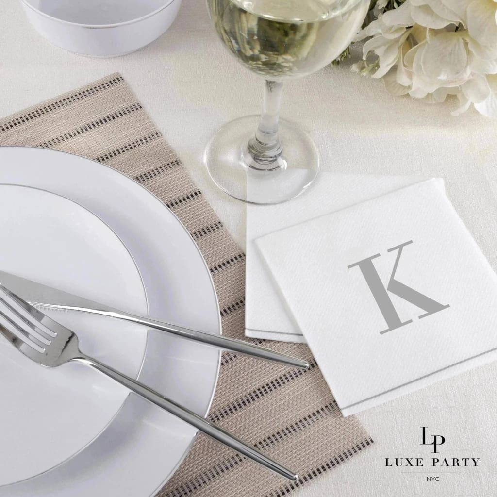 Luxe Party Napkins 16 Cocktail Napkins - 5" x 5" Letter K Silver Monogram Cocktail Paper Disposable Napkins | 16 Napkins