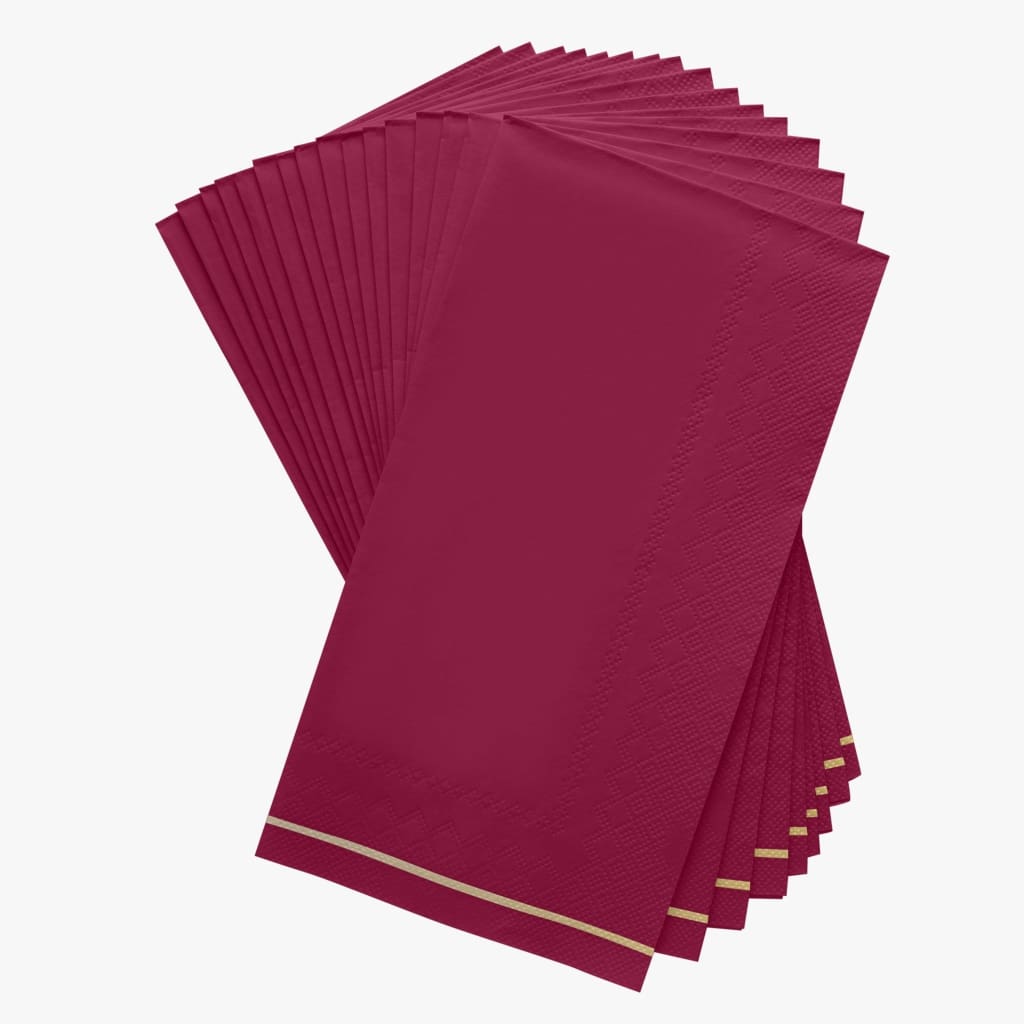 Luxe Party Napkins 16 Dinner Napkins - 4.25" x 7.75" Cranberry with Gold Stripe Guest Paper Napkins | 16 Napkins