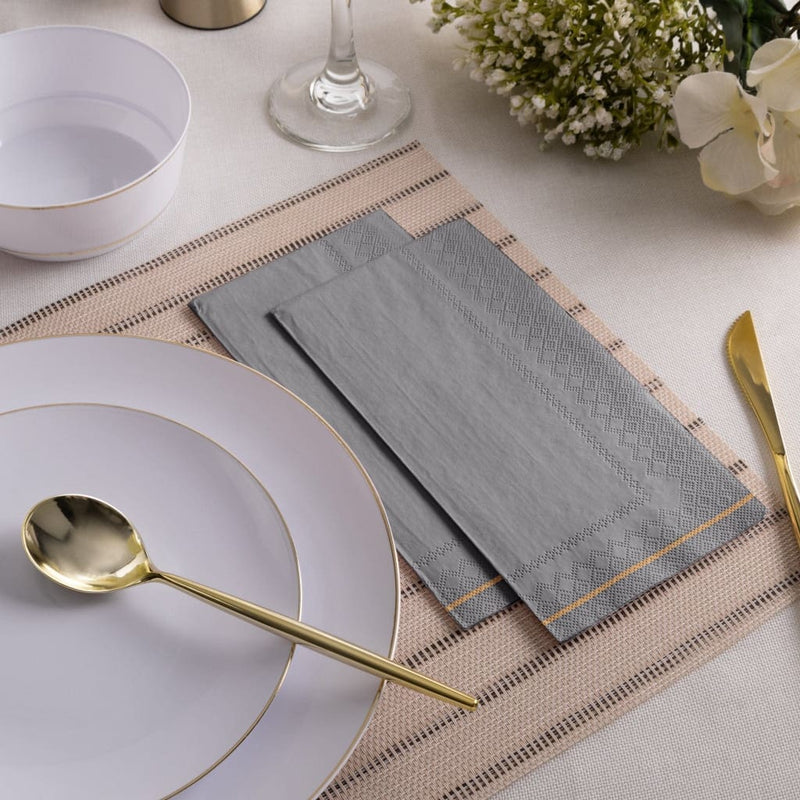 Luxe Party NYC Napkins 16 Dinner Napkins - 4.25" x 7.75" Grey with Gold Stripe Guest Paper Napkins | 16 Napkins