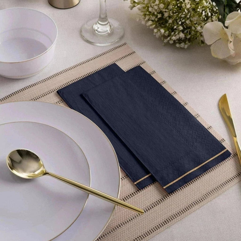 Luxe Party NYC Napkins 16 Dinner Napkins - 4.25" x 7.75" Navy with Gold Stripe Guest Paper Napkins | 16 Napkins