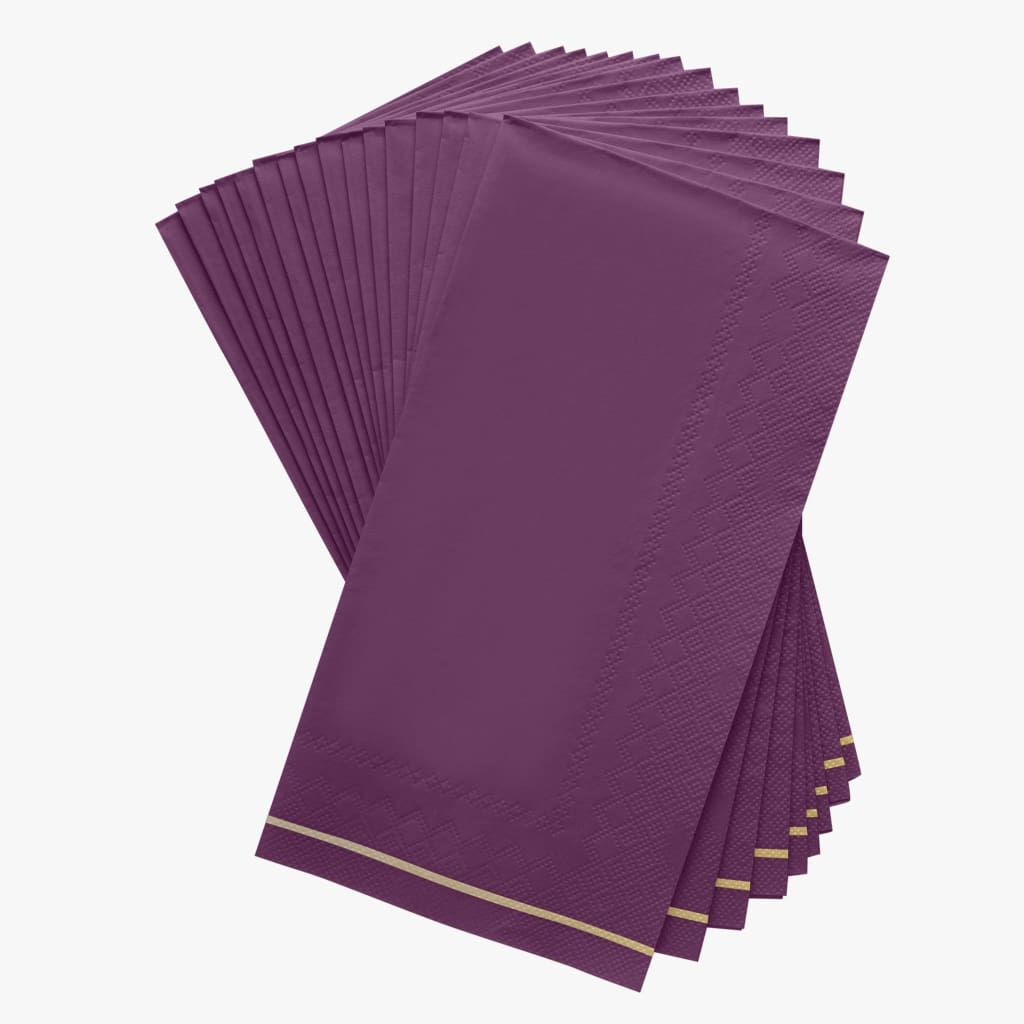 Luxe Party NYC Napkins 16 Dinner Napkins - 4.25" x 7.75" Purple with Gold Stripe Guest Paper Napkins | 16 Napkins