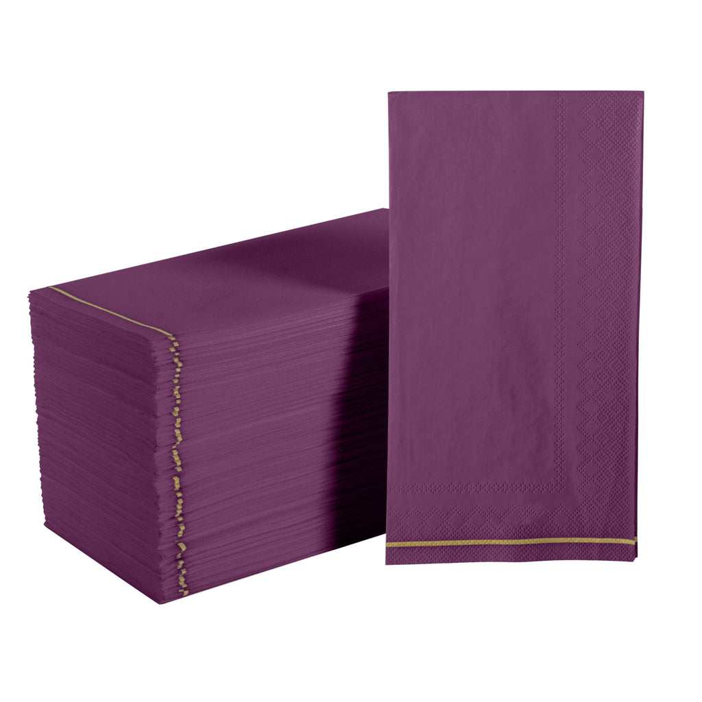 Luxe Party NYC Napkins 16 Dinner Napkins - 4.25" x 7.75" Purple with Gold Stripe Guest Paper Napkins | 16 Napkins