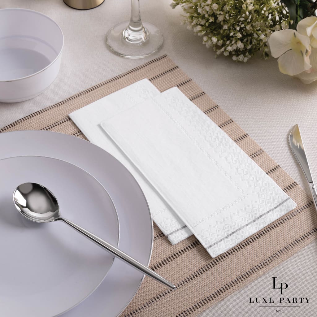 Luxe Party NYC Napkins 16 Dinner Napkins - 4.25" x 7.75" White with Silver Stripe Guest Paper Napkins | 16 Napkins