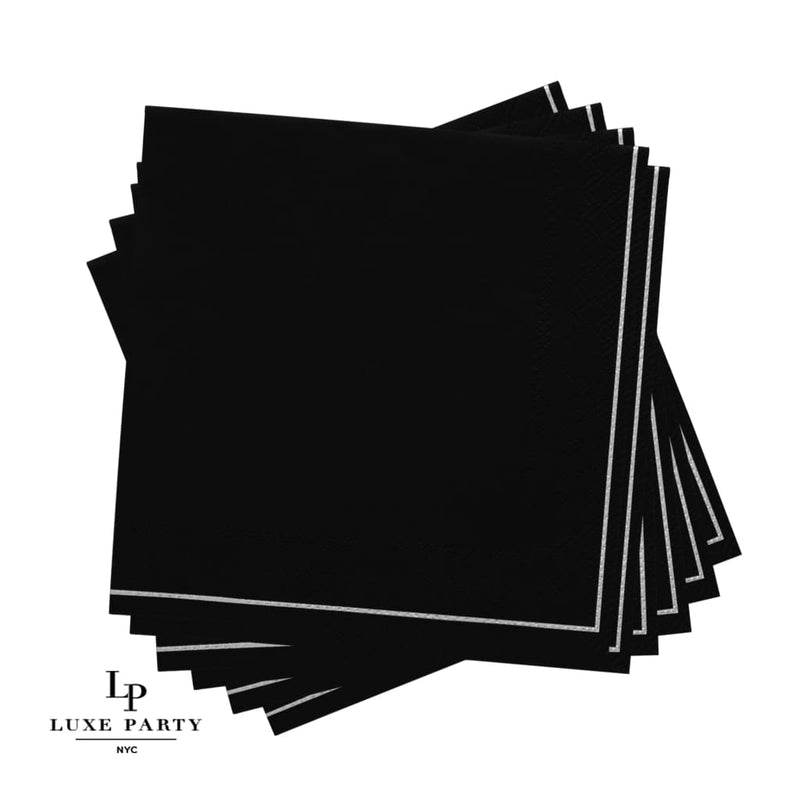 Luxe Party NYC Napkins 20 Beverage Napkins - 5" x 5" Black with Silver Stripe Cocktail Paper Napkins | 20 Napkins