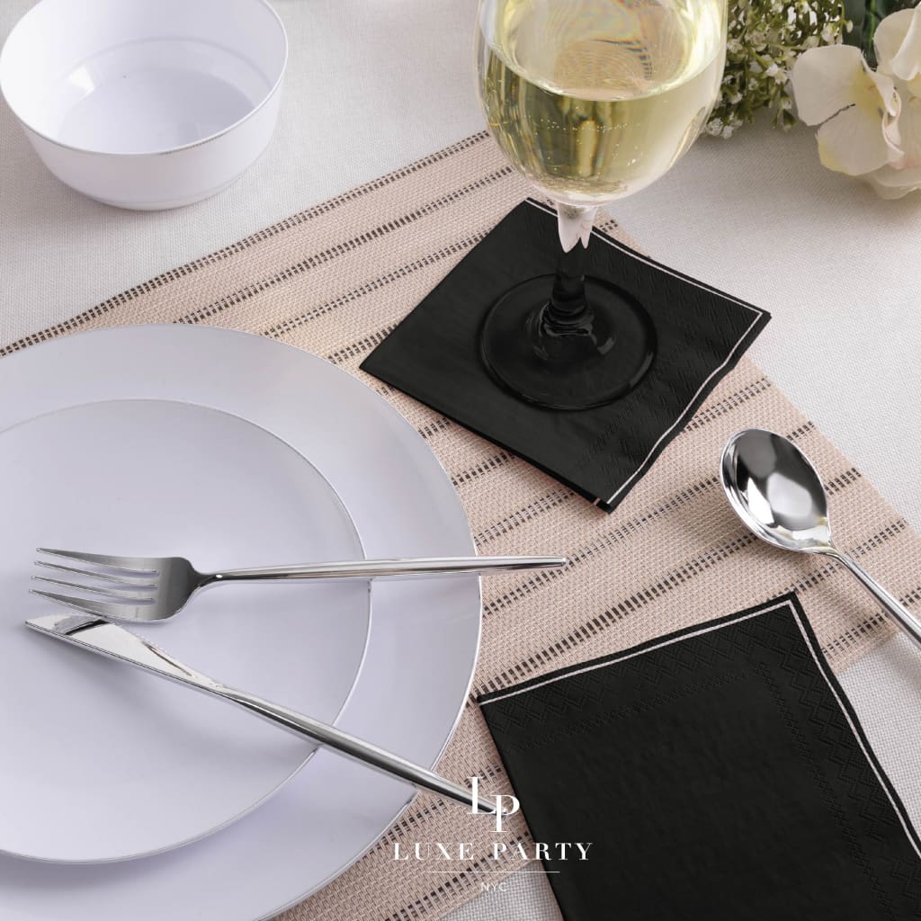 Luxe Party NYC Napkins 20 Beverage Napkins - 5" x 5" Black with Silver Stripe Cocktail Paper Napkins | 20 Napkins