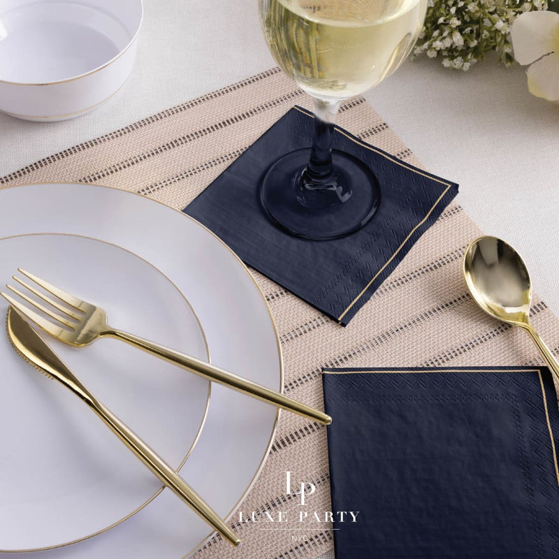 Luxe Party NYC Napkins 20 Beverage Napkins - 5" x 5" Navy with Gold Stripe Paper Cocktail Napkins | 20 Napkins